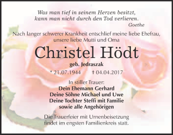Traueranzeige von Christel Hödt von WVG - Wochenspiegel Bitterfeld