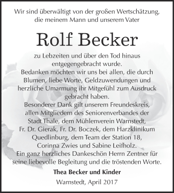 Traueranzeige von Rolf Becker von Super Sonntag Quedlinburg