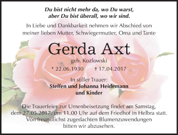 Traueranzeige von Gerda Axt von Mitteldeutsche Zeitung Mansfelder Land