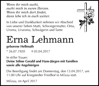 Traueranzeige von Erna Lehmann von Mitteldeutsche Zeitung Merseburg/Querfurt