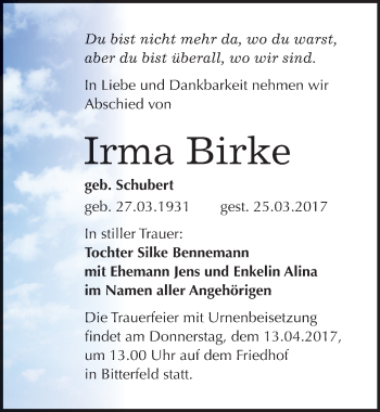 Traueranzeige von Irma Birke von Mitteldeutsche Zeitung Bitterfeld