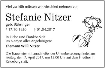 Traueranzeige von Stefanie Nitzer von Mitteldeutsche Zeitung Halle/Saalkreis