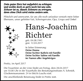 Traueranzeige von Hans-Joachim Richter von Mitteldeutsche Zeitung Merseburg/Querfurt