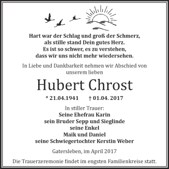 Traueranzeige von Hubert Chrost von Super Sonntag SGH Mansf. Land