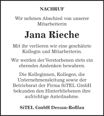 Traueranzeige von Jana Rieche von WVG - Wochenspiegel Dessau / Köthen