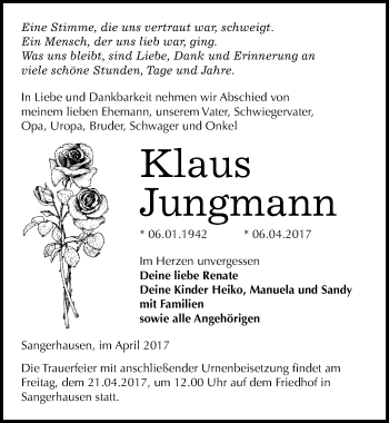 Traueranzeige von Klaus Jungmann von Mitteldeutsche Zeitung Sangerhausen