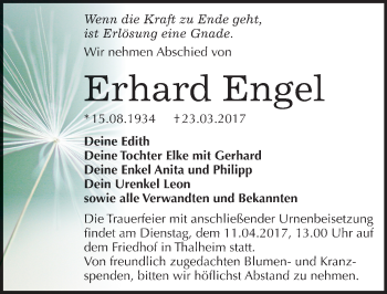 Traueranzeige von Erhard Engel von Mitteldeutsche Zeitung Bitterfeld
