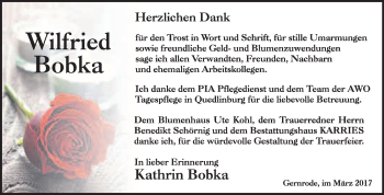 Traueranzeige von Wilfried Bobka von Super Sonntag Quedlinburg
