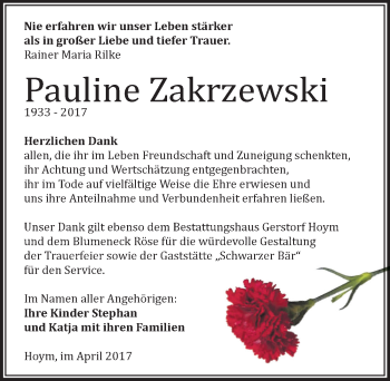 Traueranzeige von Pauline Zakrzewski von Mitteldeutsche Zeitung Aschersleben