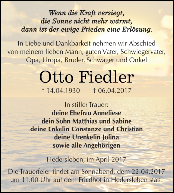 Traueranzeige von Otto Fiedler von Super Sonntag SGH Mansf. Land