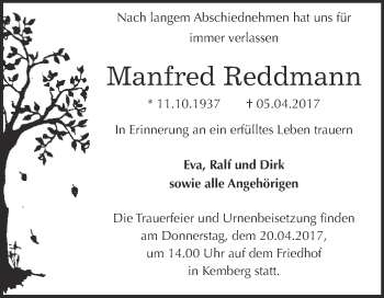 Traueranzeige von Manfred Reddmann von WVG - Wochenspiegel Wittenberg