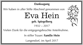 Traueranzeige von Eva Hein von Mitteldeutsche Zeitung Weißenfels