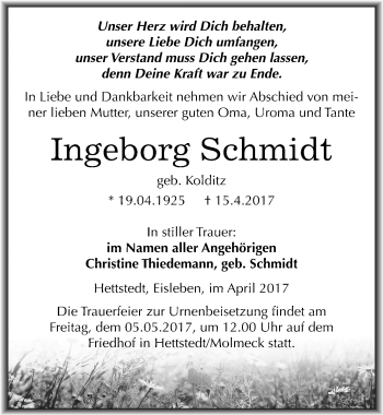 Traueranzeige von Ingeborg Schmidt von Mitteldeutsche Zeitung Mansfelder Land