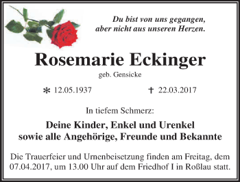 Traueranzeige von Rosemarie Eckinger von Mitteldeutsche Zeitung Dessau-Roßlau