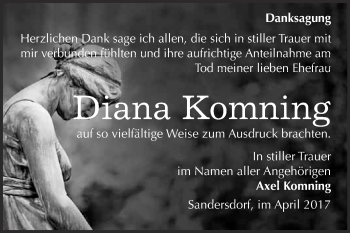 Traueranzeige von Diana Komning von WVG - Wochenspiegel Bitterfeld