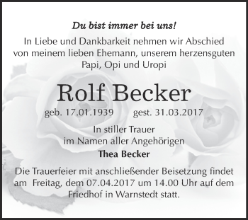 Traueranzeige von Rolf Becker von Super Sonntag Quedlinburg