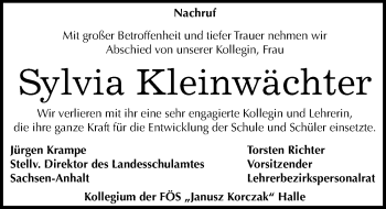 Traueranzeige von Sylvia Kleinwächter von Mitteldeutsche Zeitung Halle/Saalkreis