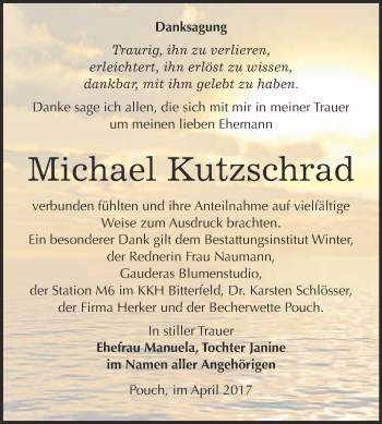 Traueranzeige von Michael Kutzschrad von WVG - Wochenspiegel Bitterfeld