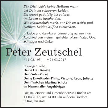 Traueranzeige von Peter Zeutschel von WVG - Wochenspiegel Bitterfeld
