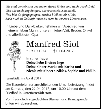Traueranzeige von Manfred Siol von Mitteldeutsche Zeitung Merseburg/Querfurt