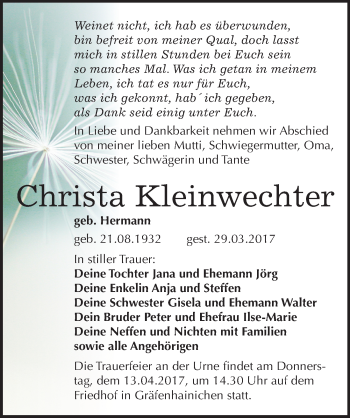 Traueranzeige von Christa Kleinwechter von Mitteldeutsche Zeitung Wittenberg