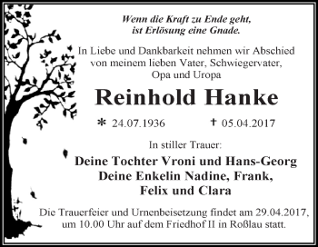 Traueranzeige von Reinhold Hanke von WVG - Wochenspiegel Dessau / Köthen