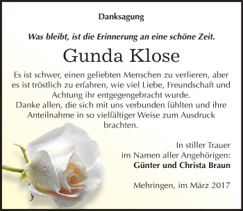 Traueranzeige von Gunda Klose von Mitteldeutsche Zeitung Aschersleben