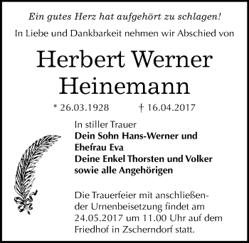 Traueranzeige von Herbert Werner Heinemann von Mitteldeutsche Zeitung Bernburg