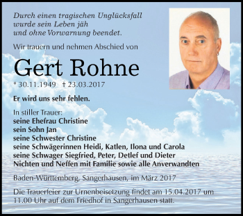 Traueranzeige von Gert Rohne von Super Sonntag SGH Mansf. Land