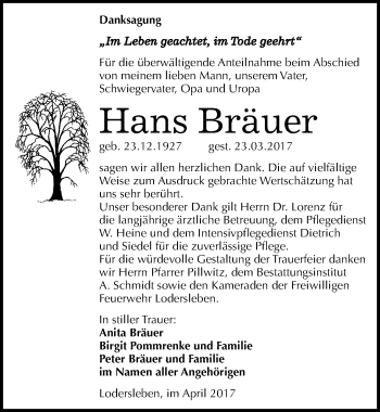 Traueranzeige von Hans Bräuer von Mitteldeutsche Zeitung Merseburg/Querfurt