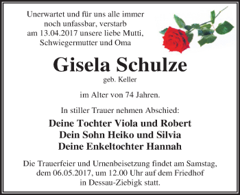 Traueranzeige von Gisela Schulze von Mitteldeutsche Zeitung Dessau-Roßlau