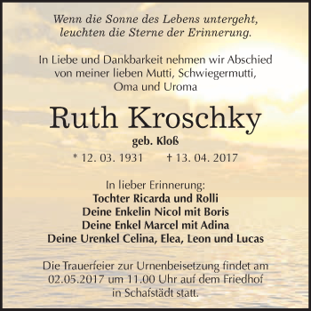 Traueranzeige von Ruth Kroschky von WVG - Wochenspiegel Merseburg
