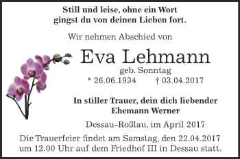 Traueranzeige von Eva Lehmann von WVG - Wochenspiegel Dessau / Köthen
