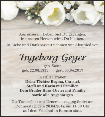 Traueranzeige von Ingeborg GeeGeyer von WVG - Wochenspiegel Bitterfeld