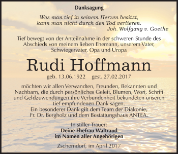 Traueranzeige von Rudi Hoffmann von Mitteldeutsche Zeitung Bitterfeld
