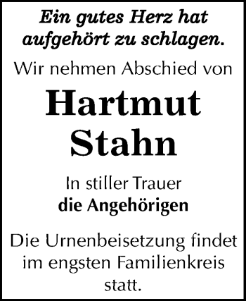 Traueranzeige von Hartmut Stahn von Mitteldeutsche Zeitung Bernburg