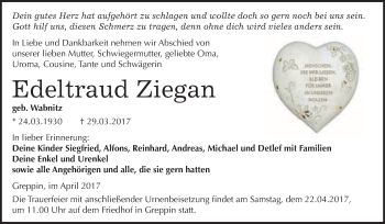Traueranzeige von Edeltraud Ziegan von WVG - Wochenspiegel Bitterfeld