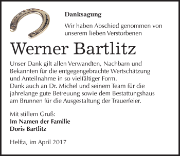 Traueranzeige von Werner Bartlitz von Mitteldeutsche Zeitung Mansfelder Land