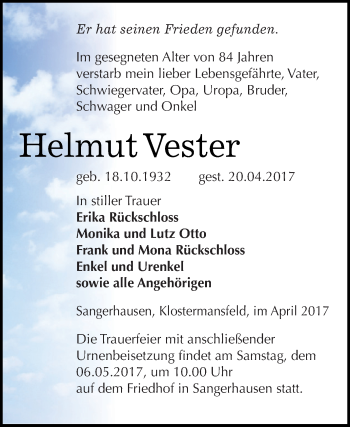 Traueranzeige von Helmut Vester von Super Sonntag SGH Mansf. Land