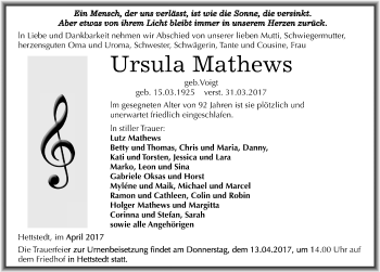 Traueranzeige von Ursula Mathews von Mitteldeutsche Zeitung Mansfelder Land