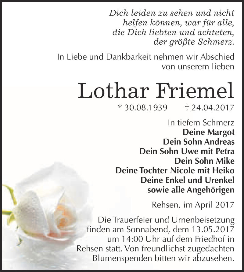  Traueranzeige für Lothar Friemel vom 29.04.2017 aus WVG - Wochenspiegel Wittenberg