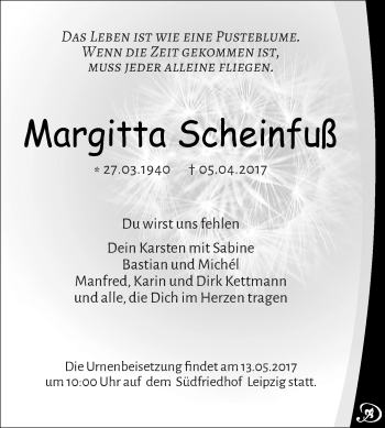 Traueranzeige von Margitta Scheinfuß von WVG - Wochenspiegel Dessau / Köthen