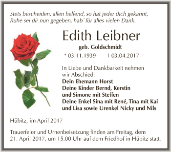 Traueranzeige von Edith Leibner von Wochenspiegel Mansfelder Land
