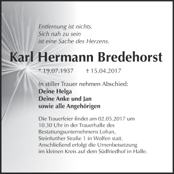 Traueranzeige von Karl Hermann Bredehorst von WVG - Wochenspiegel Bitterfeld