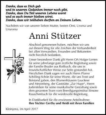 Traueranzeige von Anni Stützer von Mitteldeutsche Zeitung Naumburg/Nebra