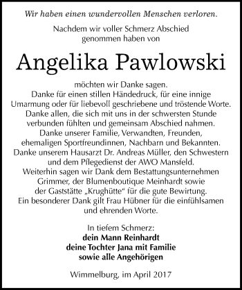 Traueranzeige von Angelika Pawlowski von Mitteldeutsche Zeitung Mansfelder Land
