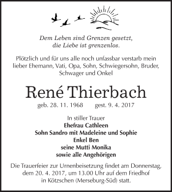Traueranzeige von Rene Thierbach von WVG - Wochenspiegel Merseburg