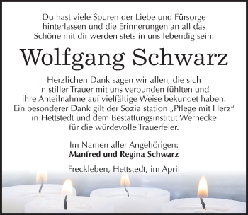Traueranzeige von Wolfgang Schwarz von Mitteldeutsche Zeitung Aschersleben