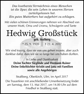 Traueranzeige von Hedwig Großstück von WVG - Wochenspiegel Quedlinburg