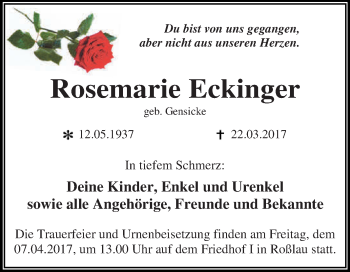 Traueranzeige von Rosemarie Eckinger von WVG - Wochenspiegel Dessau / Köthen